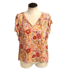 Womens Lucky Brand Pink floral flowy v neck top with ruffle sleeves size M.